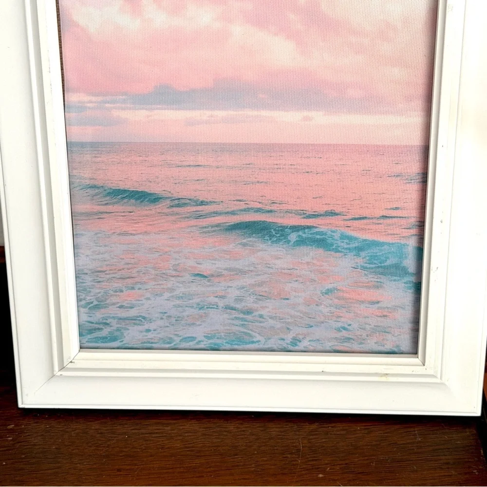 Ocean Waves Pink Cotton Candy Sky Sunset Coastal Beachy Canvas Art Print Framed
